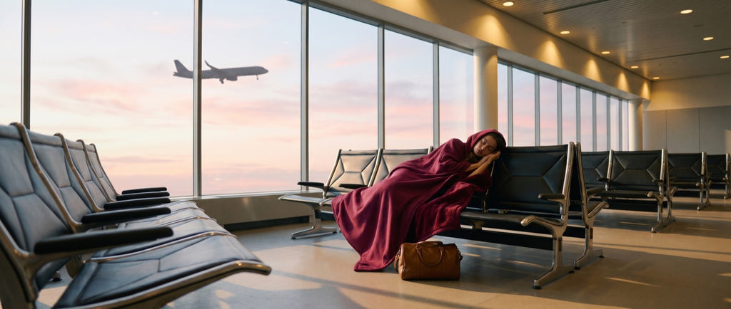 The Exhale in Wine, asleep across the seats of an empty airport gate at dawn