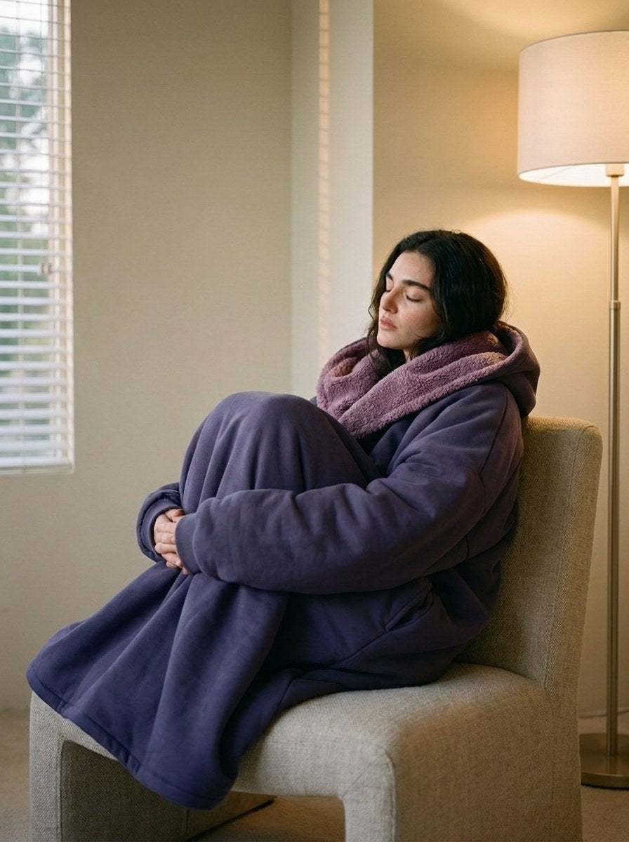 A woman folded into an armchair in The Exhale in Arcane, mauve sherpa at the collar, eyes closed