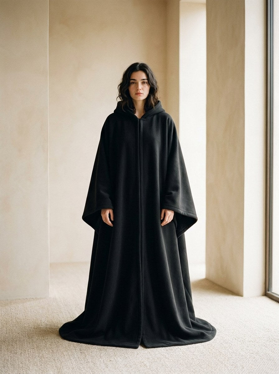 A woman standing in The Exhale in Obsidian, full length, the hem draping to the floor