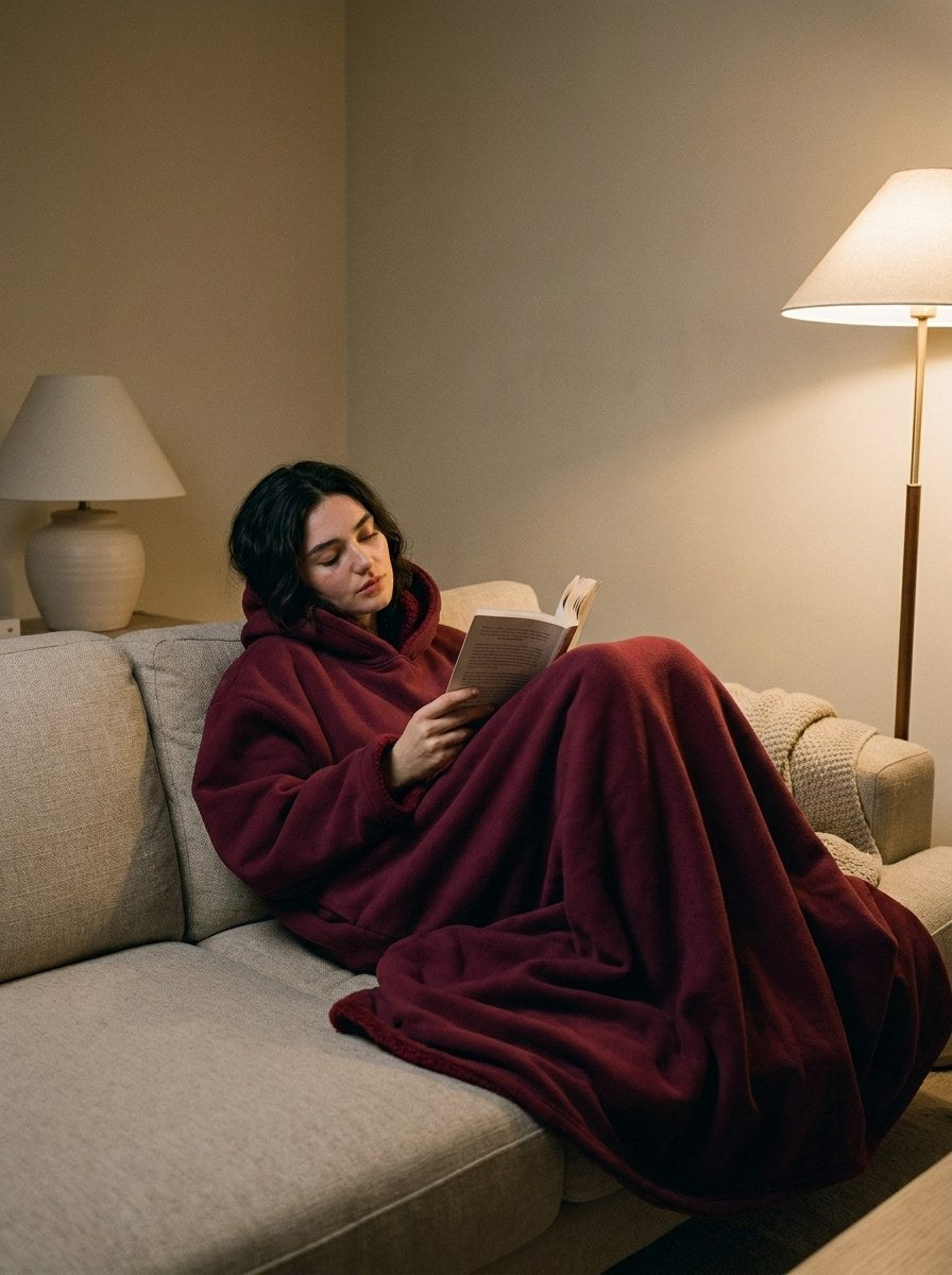 A woman wrapped in The Exhale in Wine, curled on a sofa reading under a lamp