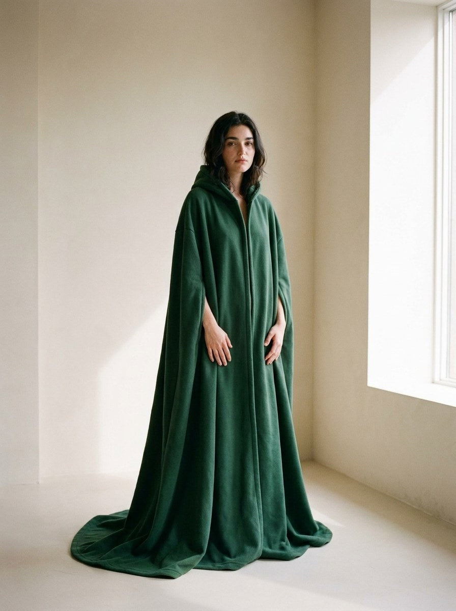 A woman standing in The Exhale in Willow, full length, the forest-green hem pooling on the floor