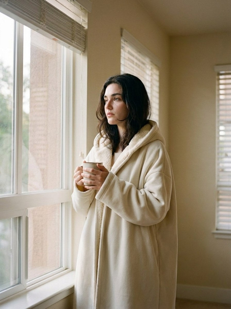 A woman in The Exhale in Marble at a window with a mug of coffee in morning light